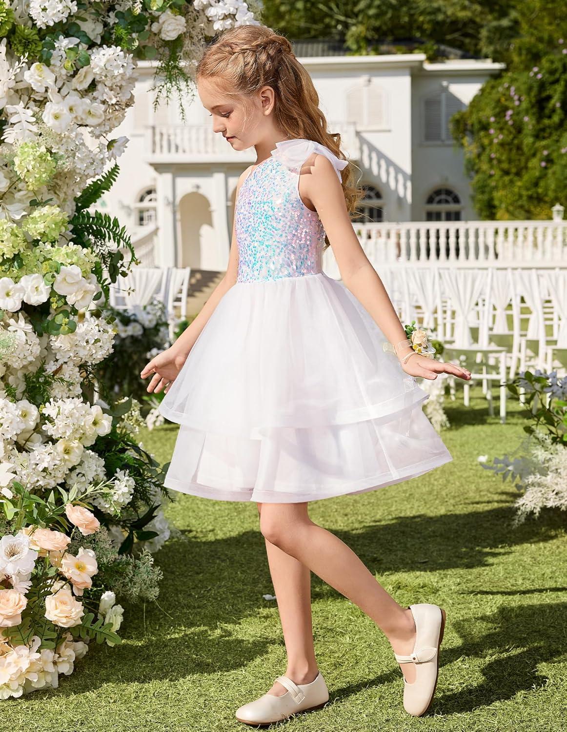 imageGRACE KARIN Girls Party Sequin Formal Dress 714Y Birthday Dance Graduation Sparkly Pageant Dresses Wedding Flower Girl DressShiny White