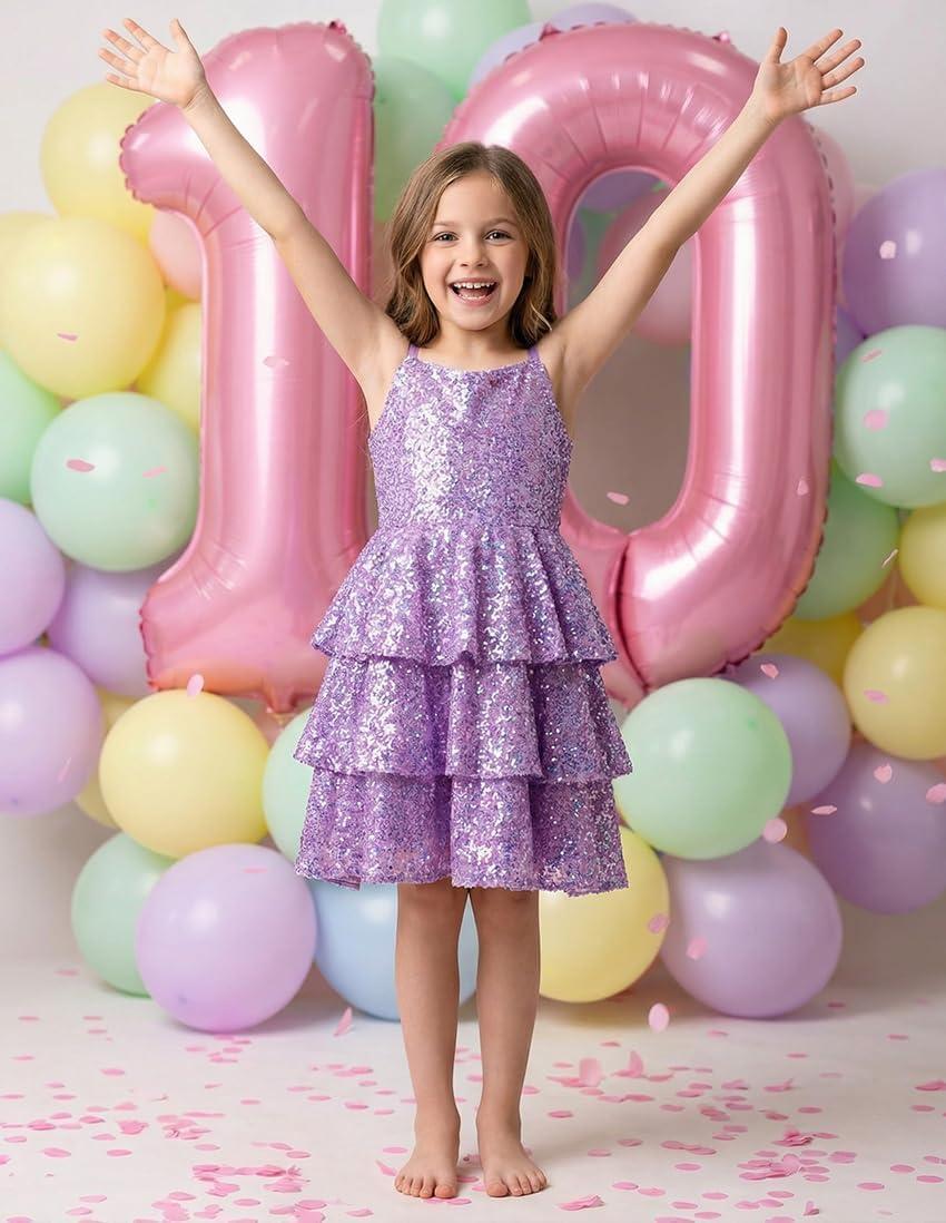imageGRACE KARIN Girls Sequin Formal Dresses Kids Party Special Occasion Fancy Dress Tie Back 3 Layer Prom Graduation OutfitsDreamy Purple