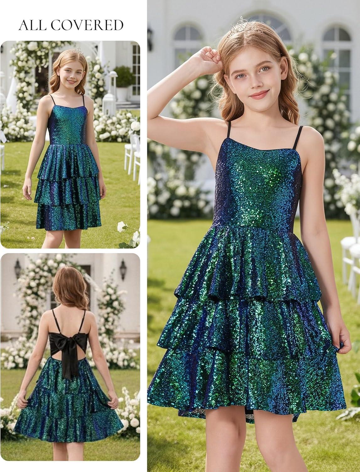 imageGRACE KARIN Girls Sequin Formal Dresses Kids Party Special Occasion Fancy Dress Tie Back 3 Layer Prom Graduation OutfitsFantasy Green