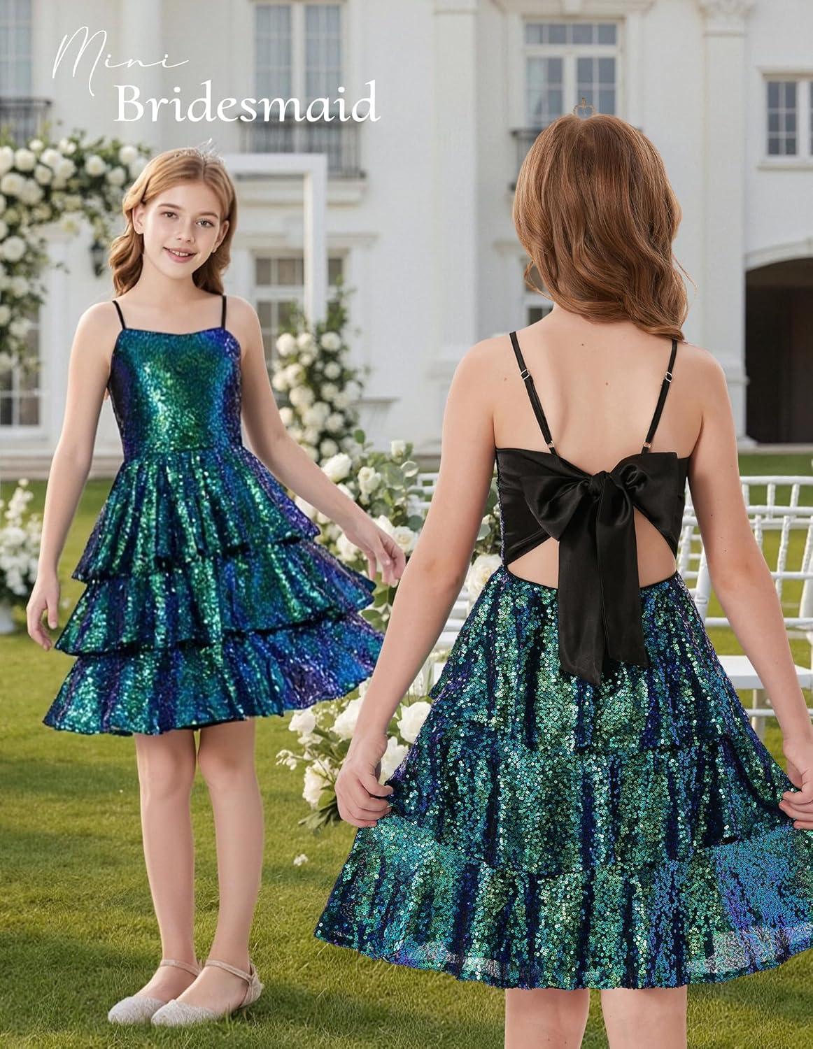 imageGRACE KARIN Girls Sequin Formal Dresses Kids Party Special Occasion Fancy Dress Tie Back 3 Layer Prom Graduation OutfitsFantasy Green