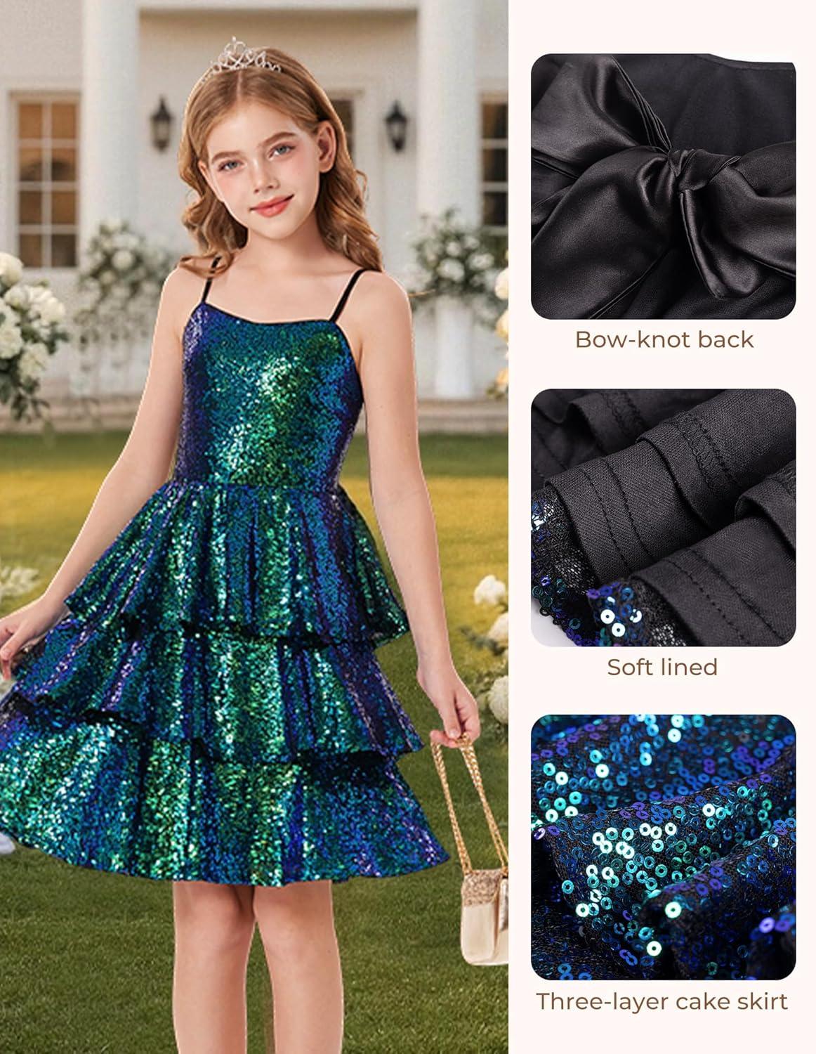 imageGRACE KARIN Girls Sequin Formal Dresses Kids Party Special Occasion Fancy Dress Tie Back 3 Layer Prom Graduation OutfitsFantasy Green