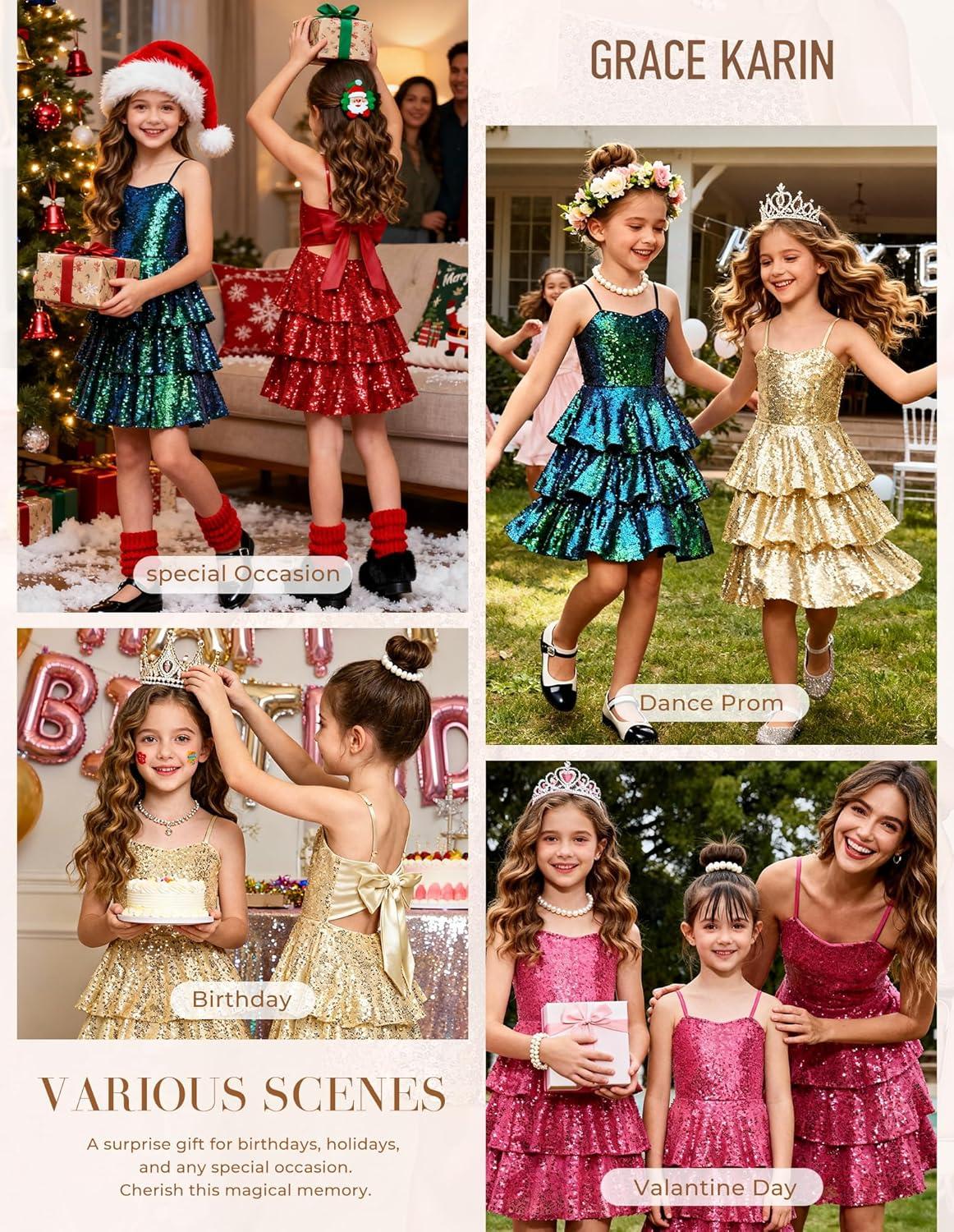 imageGRACE KARIN Girls Sequin Formal Dresses Kids Party Special Occasion Fancy Dress Tie Back 3 Layer Prom Graduation OutfitsGold