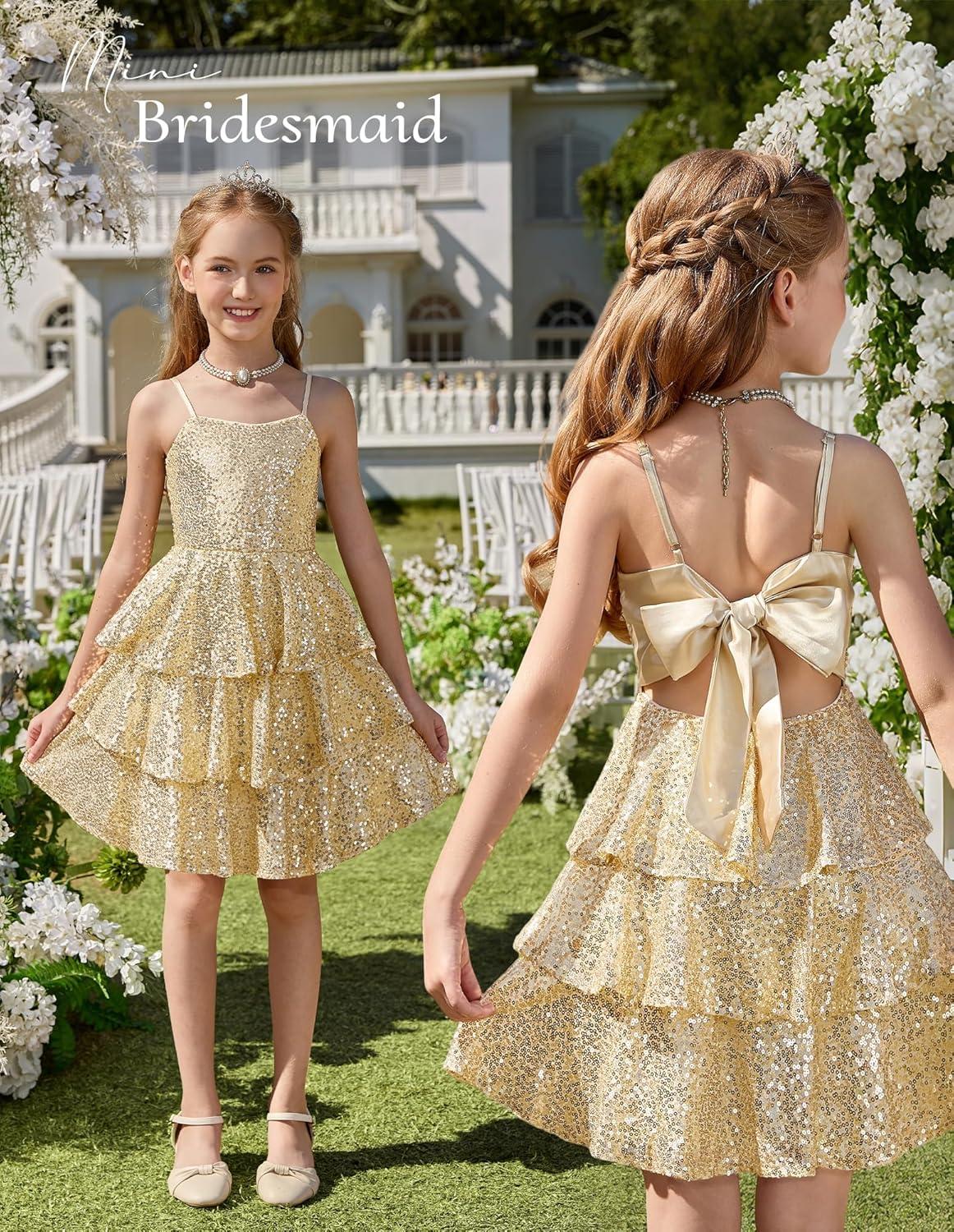 imageGRACE KARIN Girls Sequin Formal Dresses Kids Party Special Occasion Fancy Dress Tie Back 3 Layer Prom Graduation OutfitsGold