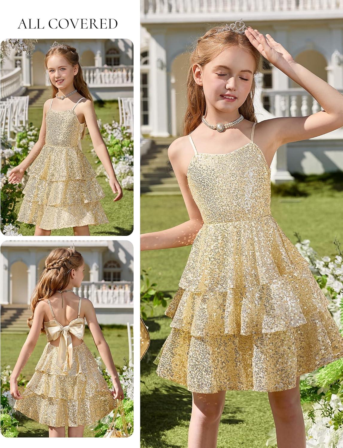 imageGRACE KARIN Girls Sequin Formal Dresses Kids Party Special Occasion Fancy Dress Tie Back 3 Layer Prom Graduation OutfitsGold