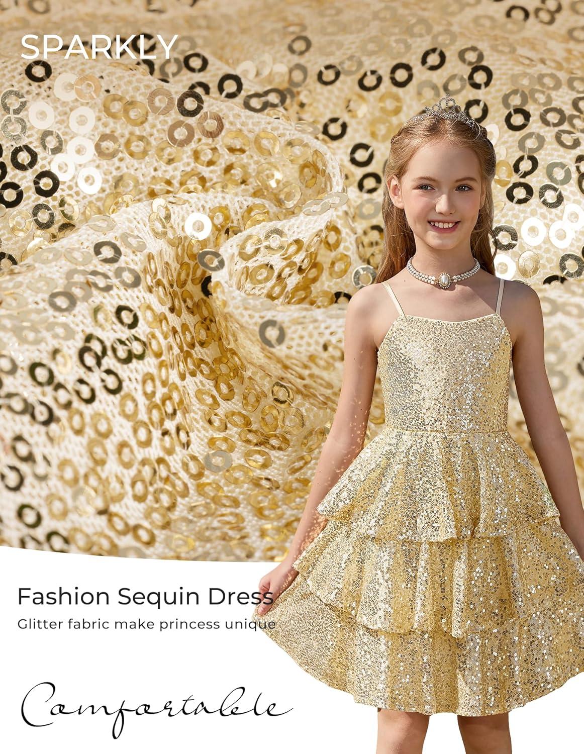 imageGRACE KARIN Girls Sequin Formal Dresses Kids Party Special Occasion Fancy Dress Tie Back 3 Layer Prom Graduation OutfitsGold