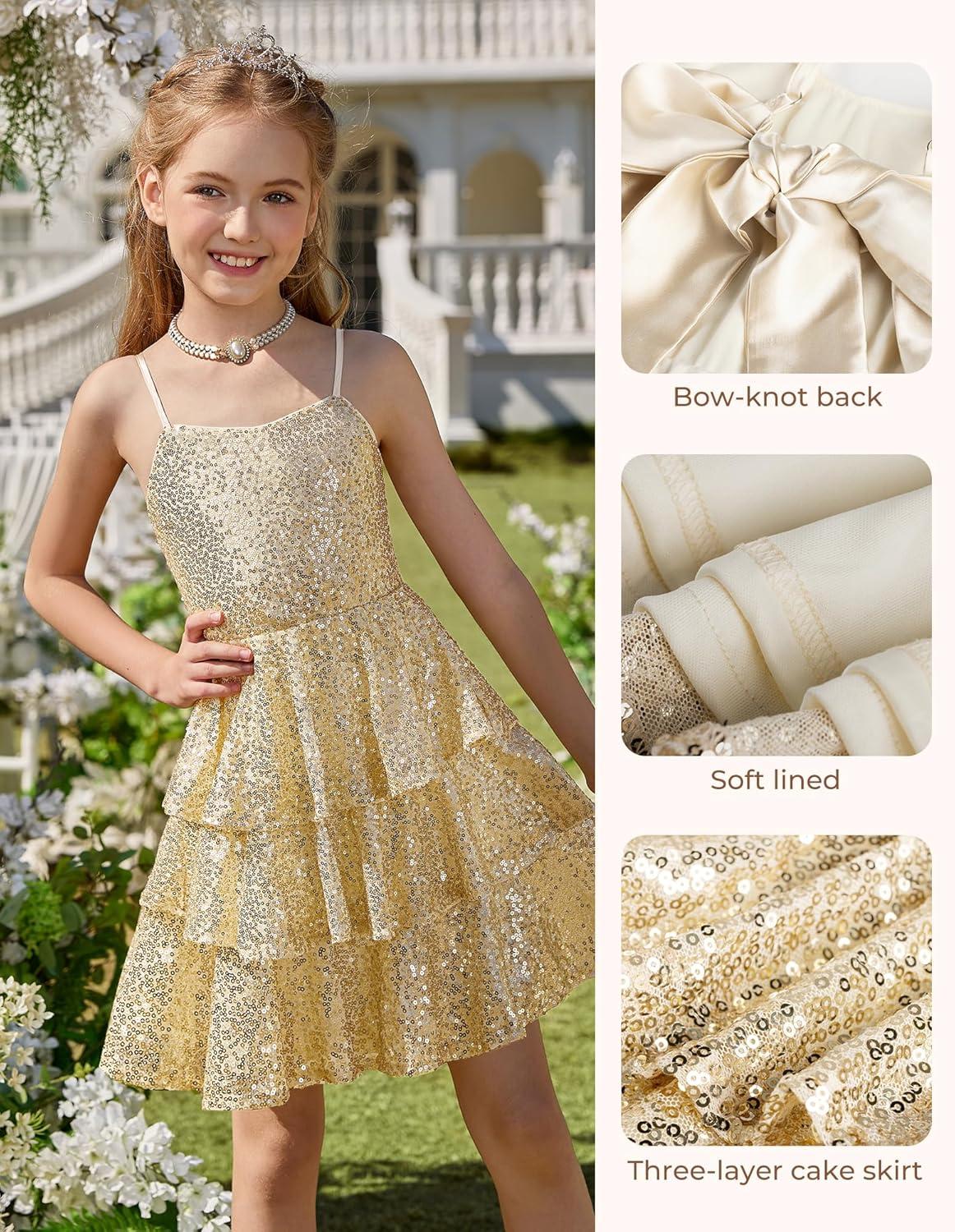 imageGRACE KARIN Girls Sequin Formal Dresses Kids Party Special Occasion Fancy Dress Tie Back 3 Layer Prom Graduation OutfitsGold