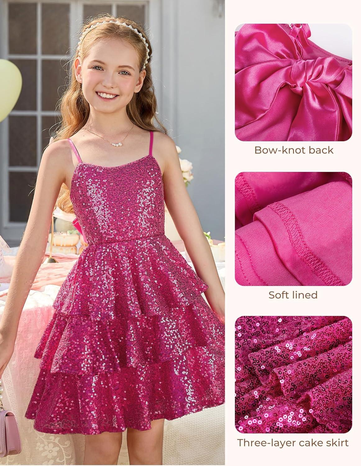 imageGRACE KARIN Girls Sequin Formal Dresses Kids Party Special Occasion Fancy Dress Tie Back 3 Layer Prom Graduation OutfitsHot Pink
