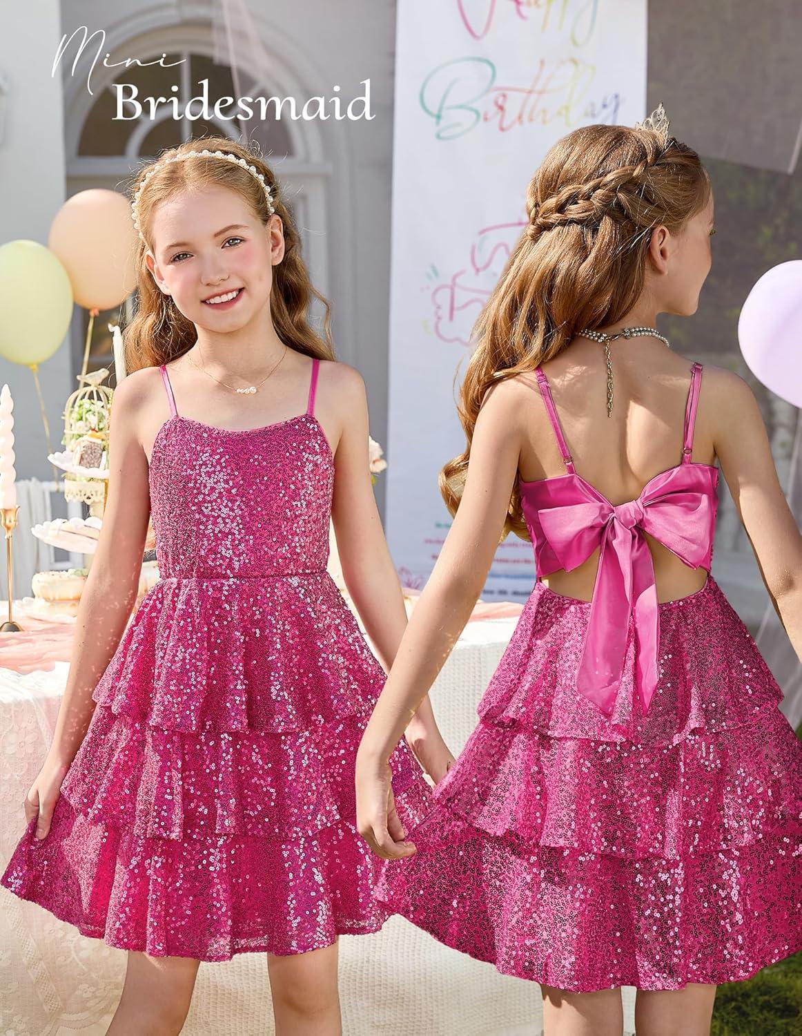 imageGRACE KARIN Girls Sequin Formal Dresses Kids Party Special Occasion Fancy Dress Tie Back 3 Layer Prom Graduation OutfitsHot Pink