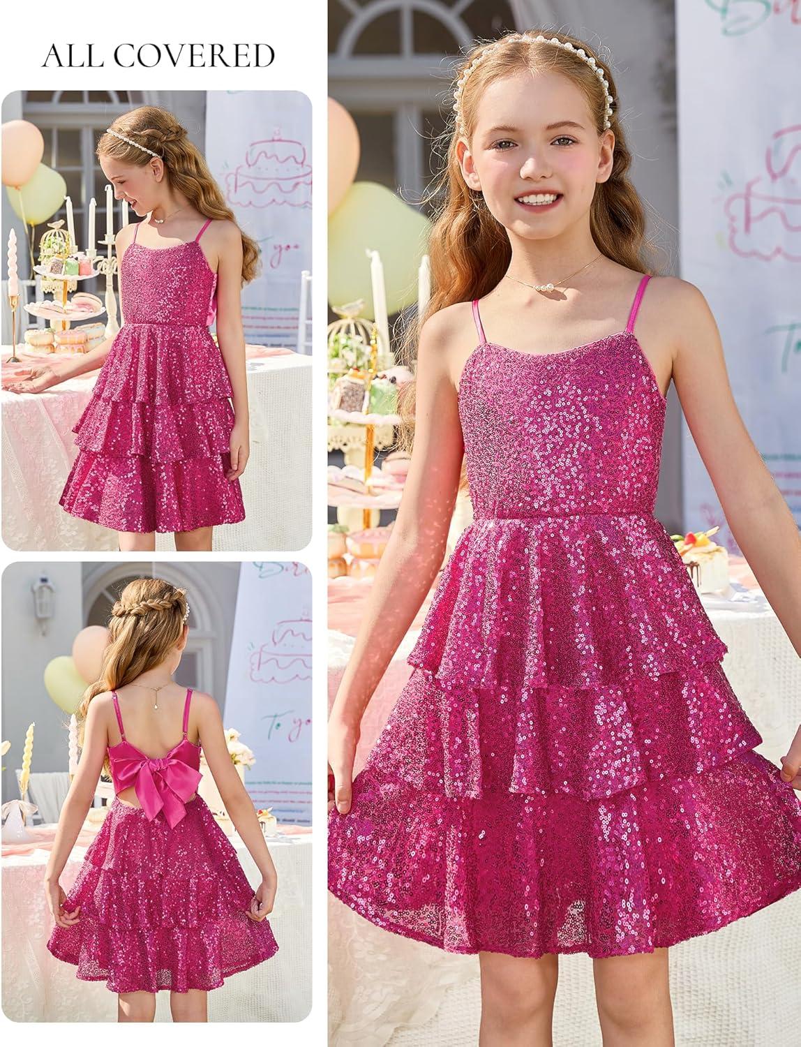 imageGRACE KARIN Girls Sequin Formal Dresses Kids Party Special Occasion Fancy Dress Tie Back 3 Layer Prom Graduation OutfitsHot Pink