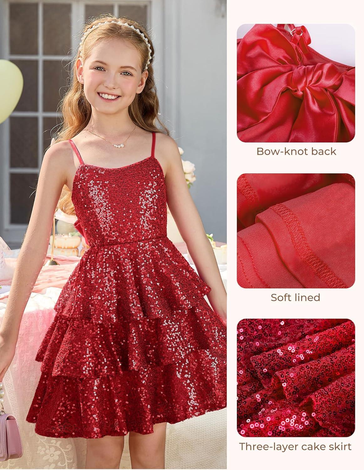 imageGRACE KARIN Girls Sequin Formal Dresses Kids Party Special Occasion Fancy Dress Tie Back 3 Layer Prom Graduation OutfitsRed