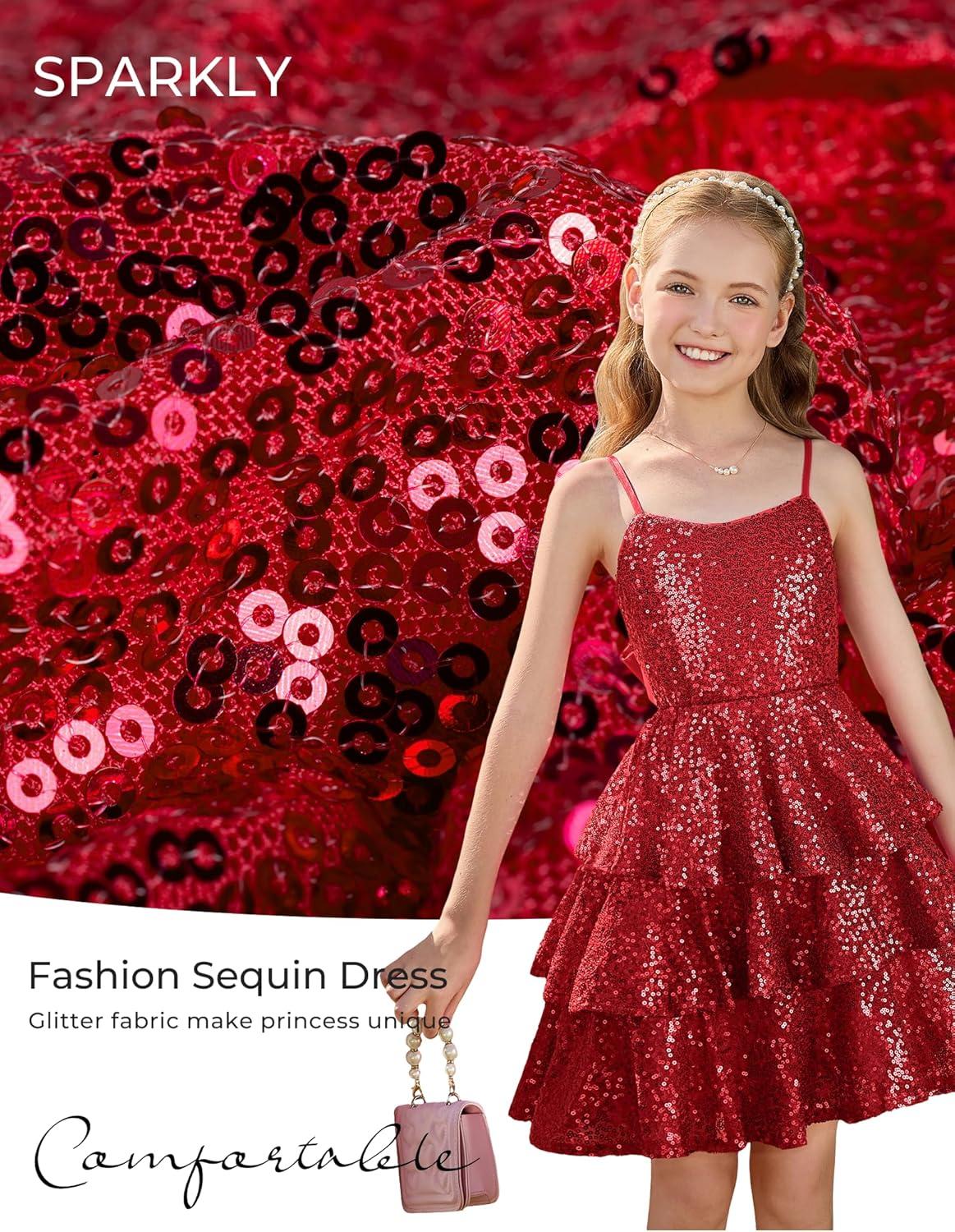imageGRACE KARIN Girls Sequin Formal Dresses Kids Party Special Occasion Fancy Dress Tie Back 3 Layer Prom Graduation OutfitsRed