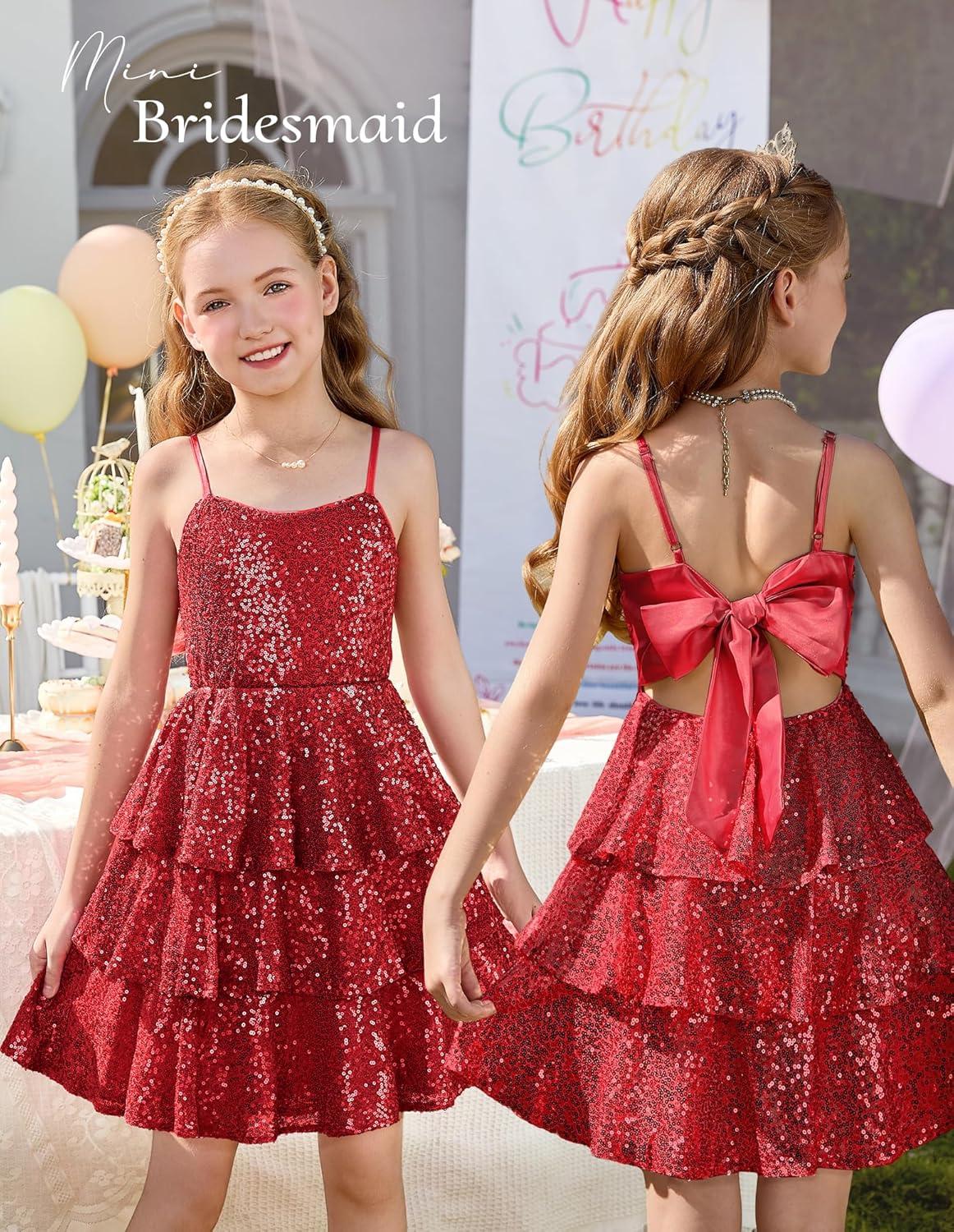 imageGRACE KARIN Girls Sequin Formal Dresses Kids Party Special Occasion Fancy Dress Tie Back 3 Layer Prom Graduation OutfitsRed
