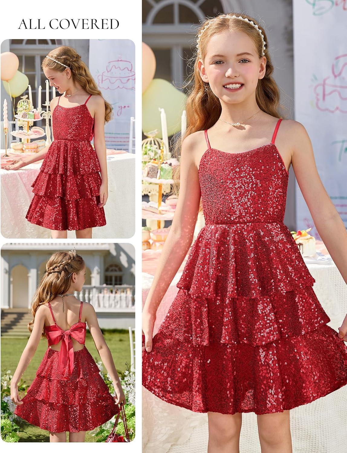 imageGRACE KARIN Girls Sequin Formal Dresses Kids Party Special Occasion Fancy Dress Tie Back 3 Layer Prom Graduation OutfitsRed