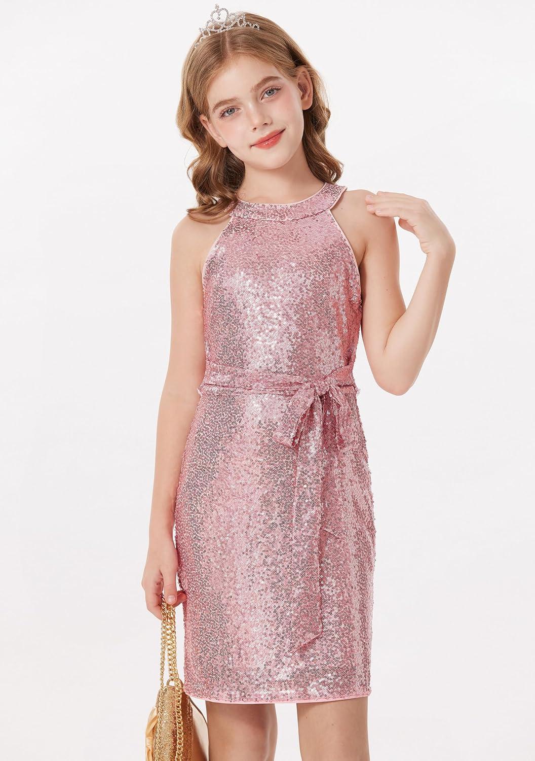 imageGRACE KARIN Girls Sequin Party Dress Formal Sparkly Pageant Tulle Maxi Teen Prom Halter Dresses for 714 YearsPink