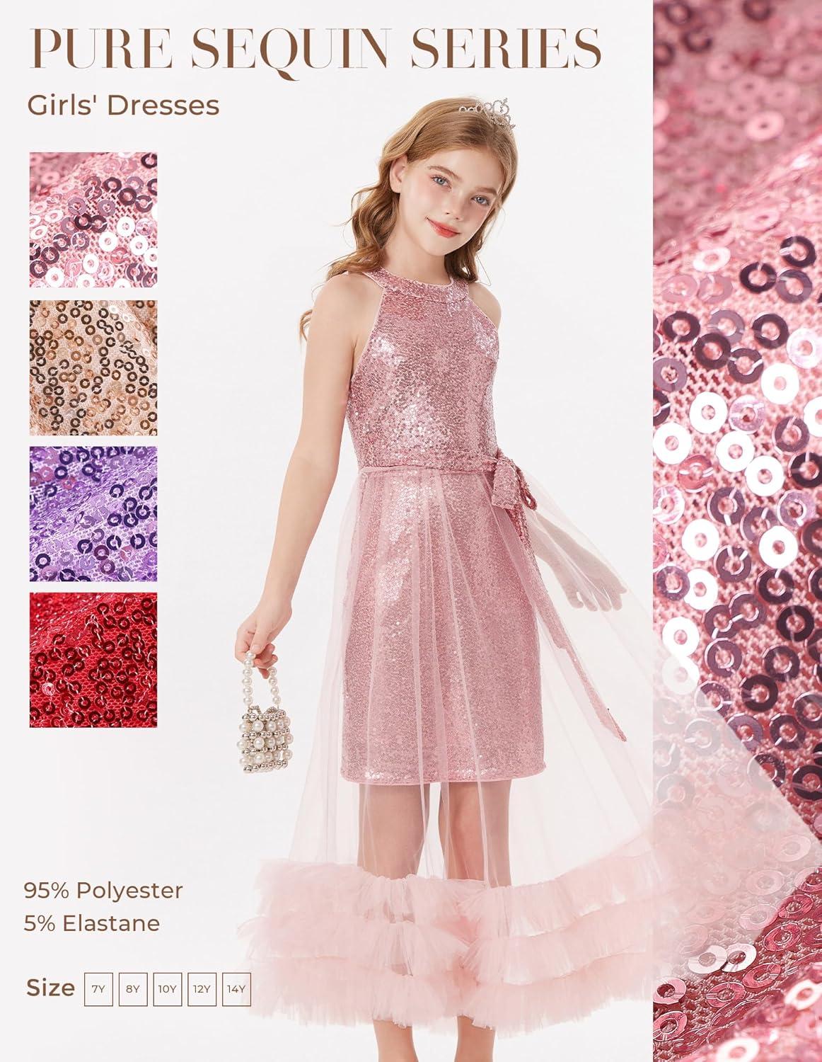 imageGRACE KARIN Girls Sequin Party Dress Formal Sparkly Pageant Tulle Maxi Teen Prom Halter Dresses for 714 YearsPink