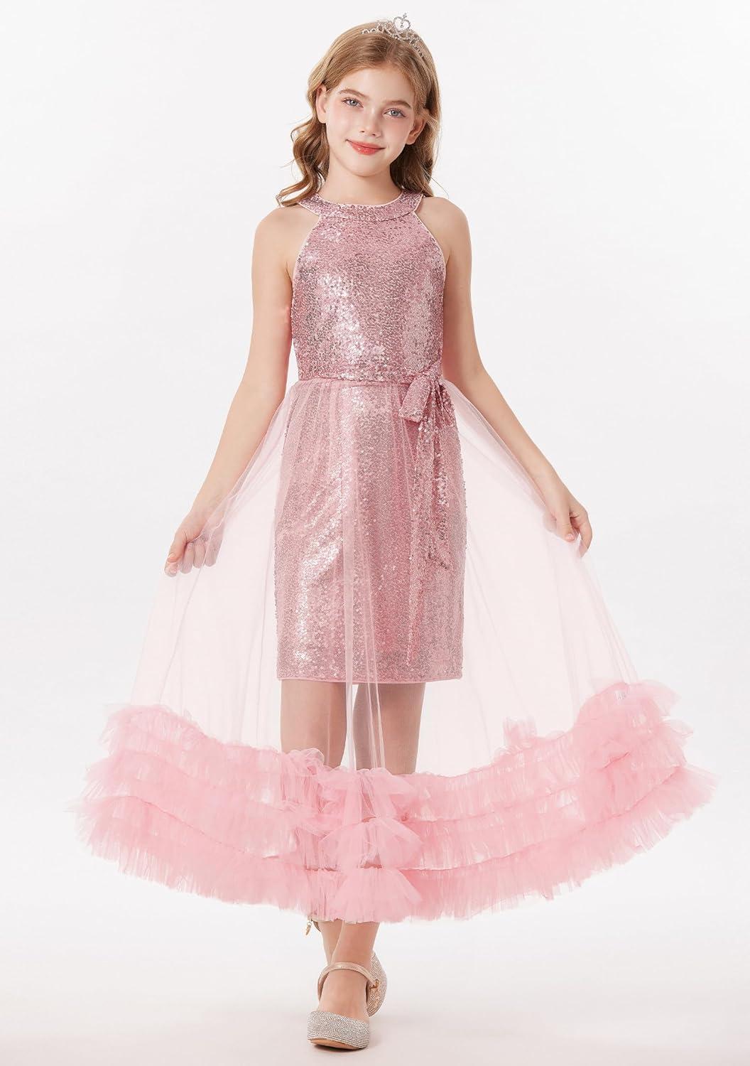imageGRACE KARIN Girls Sequin Party Dress Formal Sparkly Pageant Tulle Maxi Teen Prom Halter Dresses for 714 YearsPink