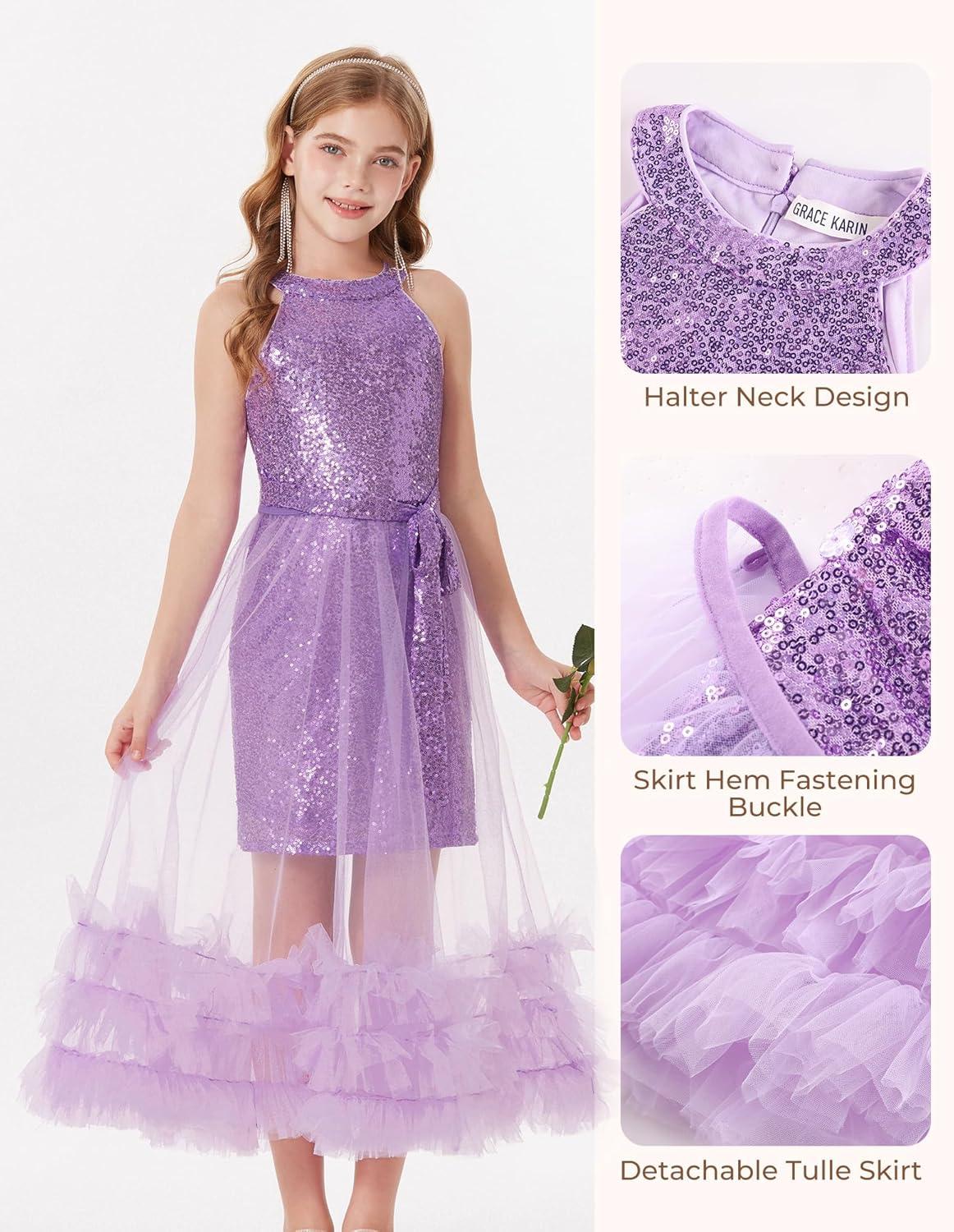 imageGRACE KARIN Girls Sequin Party Dress Formal Sparkly Pageant Tulle Maxi Teen Prom Halter Dresses for 714 YearsPurple