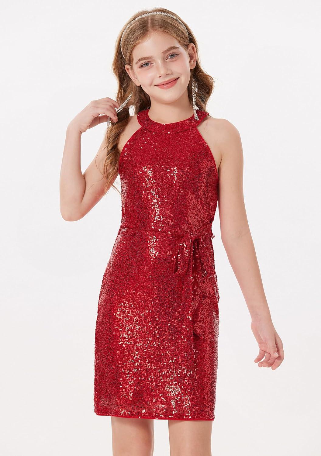 imageGRACE KARIN Girls Sequin Party Dress Formal Sparkly Pageant Tulle Maxi Teen Prom Halter Dresses for 714 YearsRed