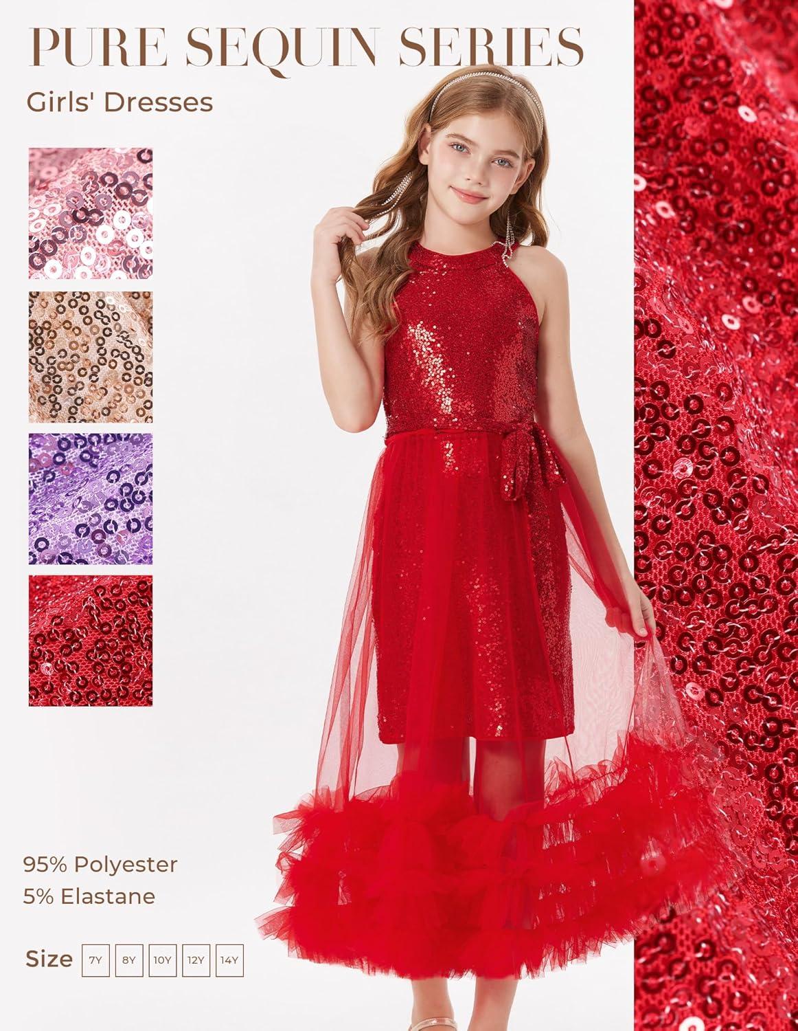 imageGRACE KARIN Girls Sequin Party Dress Formal Sparkly Pageant Tulle Maxi Teen Prom Halter Dresses for 714 YearsRed