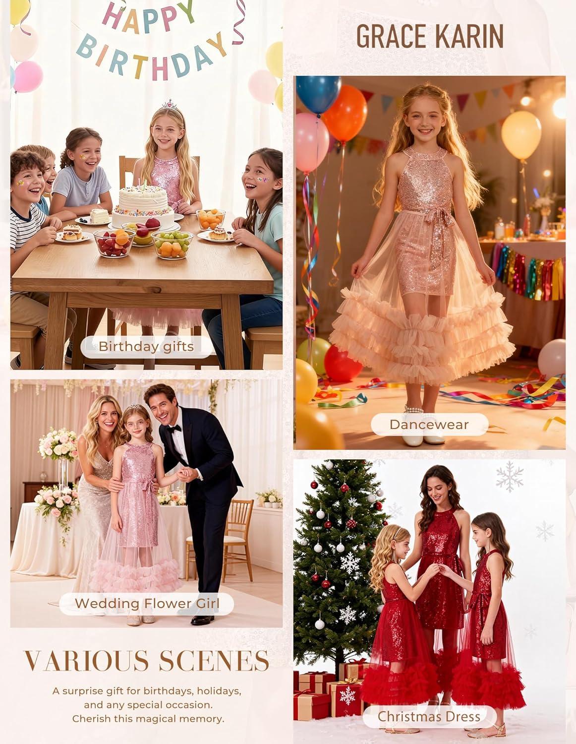 imageGRACE KARIN Girls Sequin Party Dress Formal Sparkly Pageant Tulle Maxi Teen Prom Halter Dresses for 714 YearsRed