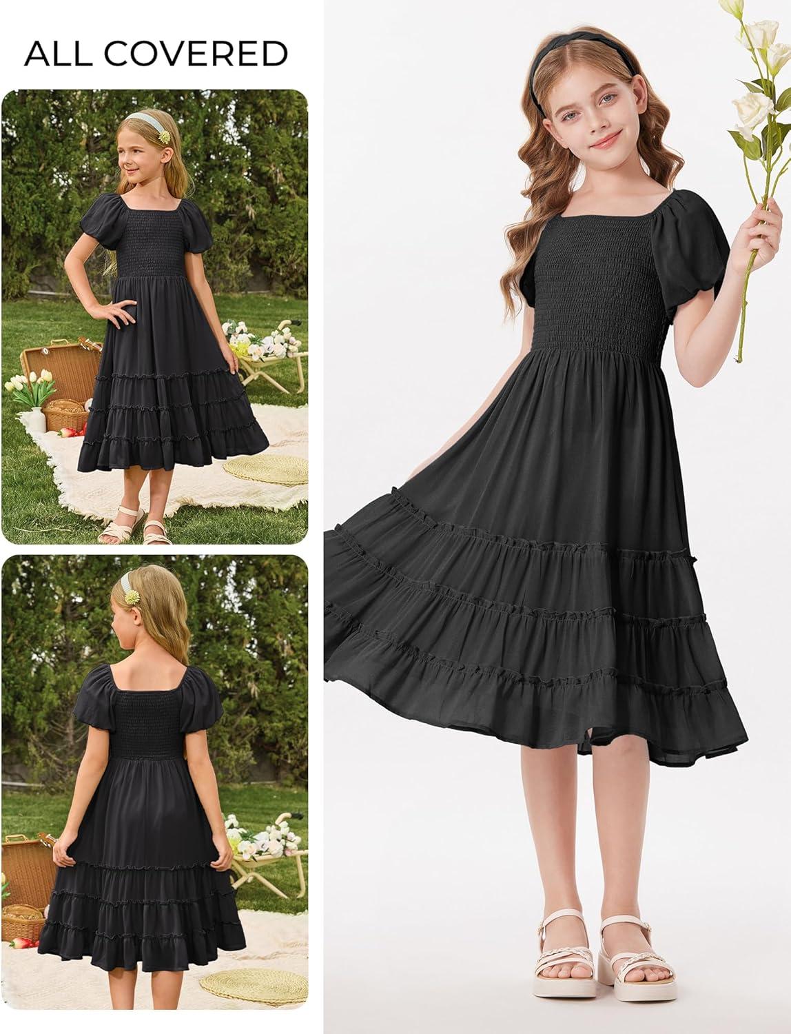 imageGRACE KARIN Girls Short Sleeve Smocked Summer Ruffle Dresses 714Y Teen Square Neck Casual Party Midii Maxi DressBlack