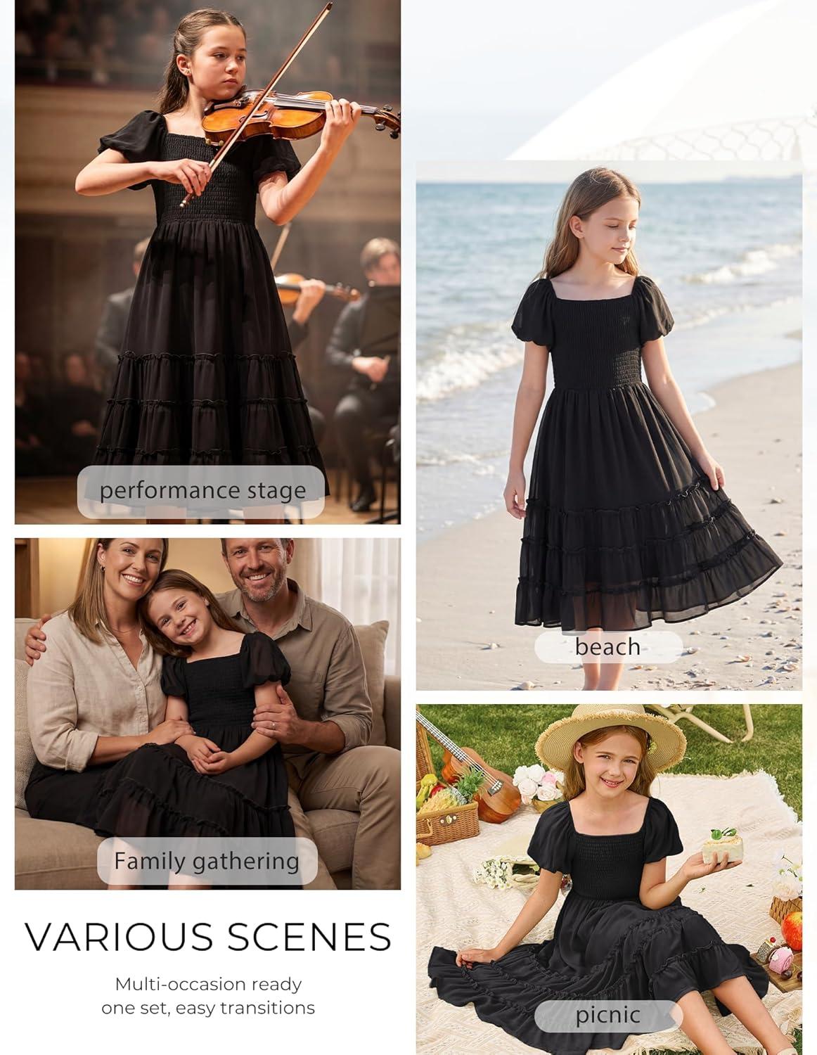 imageGRACE KARIN Girls Short Sleeve Smocked Summer Ruffle Dresses 714Y Teen Square Neck Casual Party Midii Maxi DressBlack