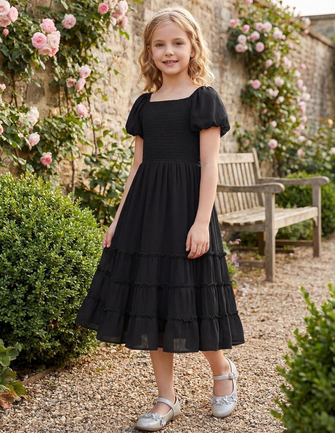 imageGRACE KARIN Girls Short Sleeve Smocked Summer Ruffle Dresses 714Y Teen Square Neck Casual Party Midii Maxi DressBlack