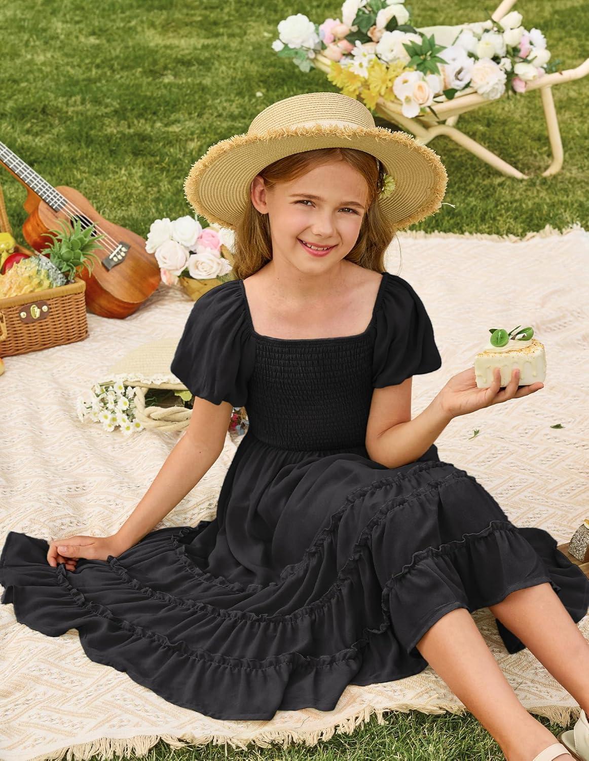 imageGRACE KARIN Girls Short Sleeve Smocked Summer Ruffle Dresses 714Y Teen Square Neck Casual Party Midii Maxi DressBlack