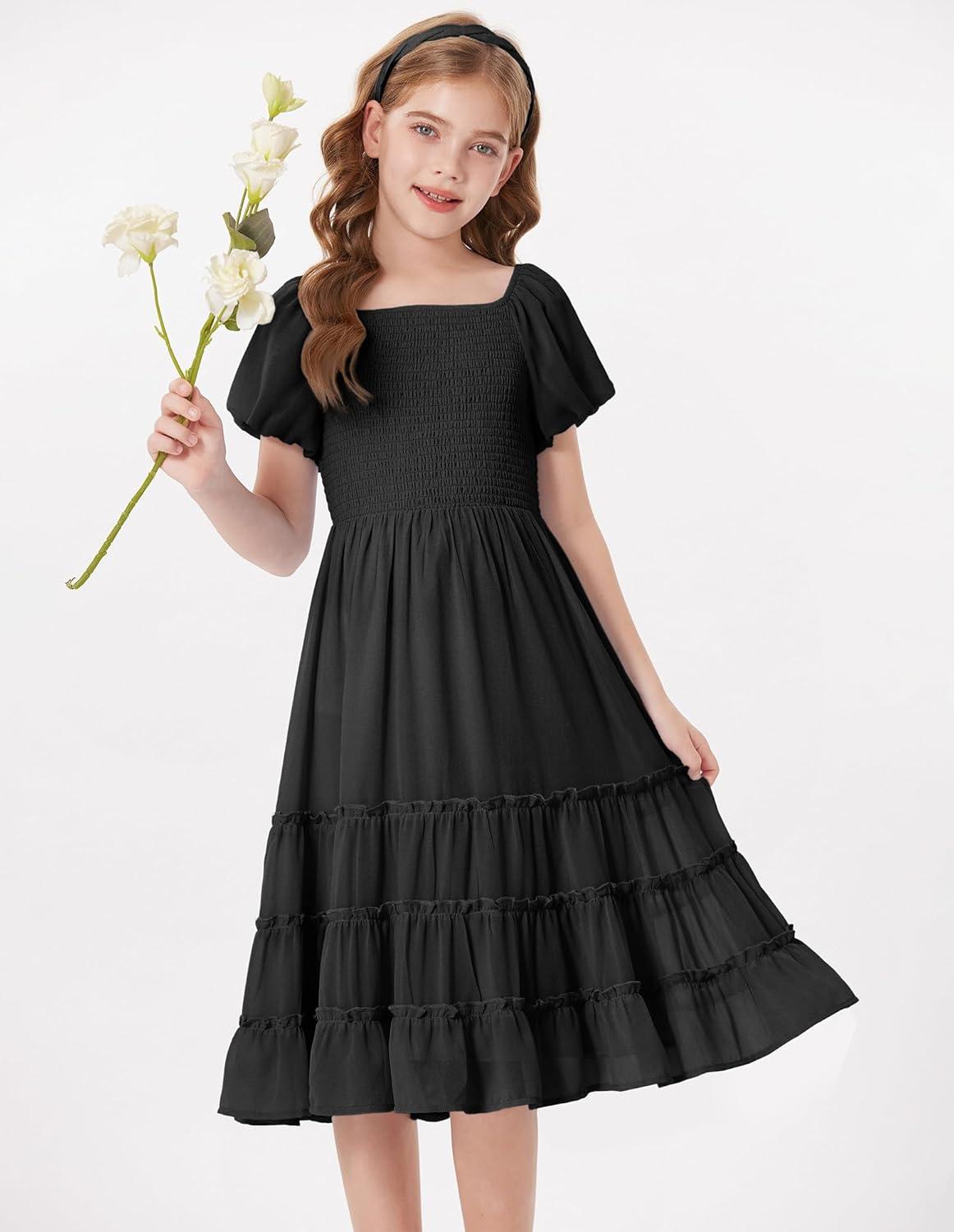 imageGRACE KARIN Girls Short Sleeve Smocked Summer Ruffle Dresses 714Y Teen Square Neck Casual Party Midii Maxi DressBlack