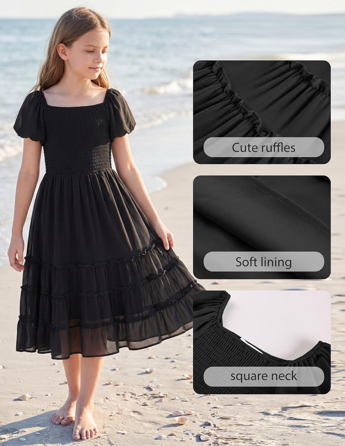 imageGRACE KARIN Girls Short Sleeve Smocked Summer Ruffle Dresses 714Y Teen Square Neck Casual Party Midii Maxi DressBlack
