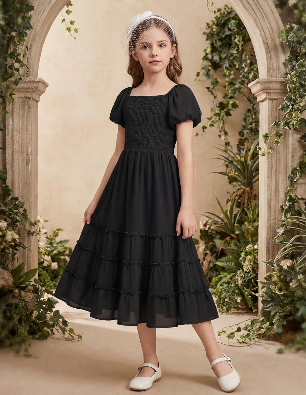 imageGRACE KARIN Girls Short Sleeve Smocked Summer Ruffle Dresses 714Y Teen Square Neck Casual Party Midii Maxi DressBlack
