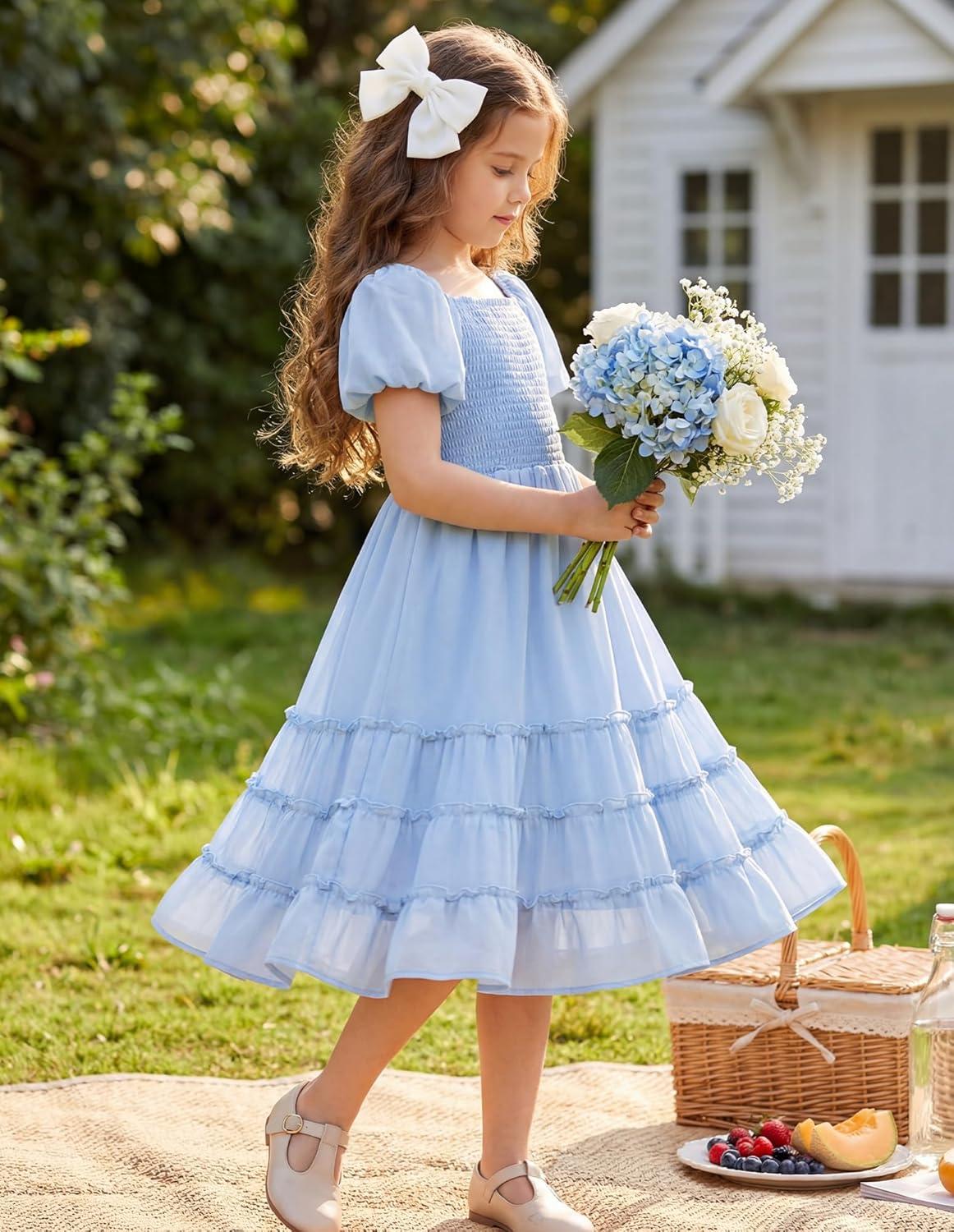 imageGRACE KARIN Girls Short Sleeve Smocked Summer Ruffle Dresses 714Y Teen Square Neck Casual Party Midii Maxi DressLight Blue