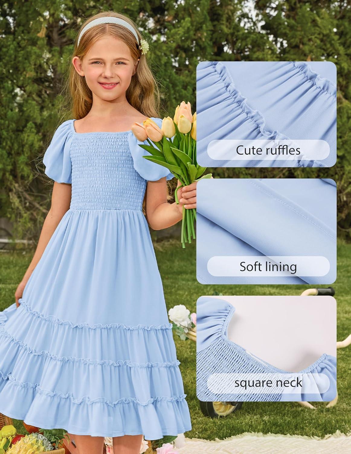 imageGRACE KARIN Girls Short Sleeve Smocked Summer Ruffle Dresses 714Y Teen Square Neck Casual Party Midii Maxi DressLight Blue