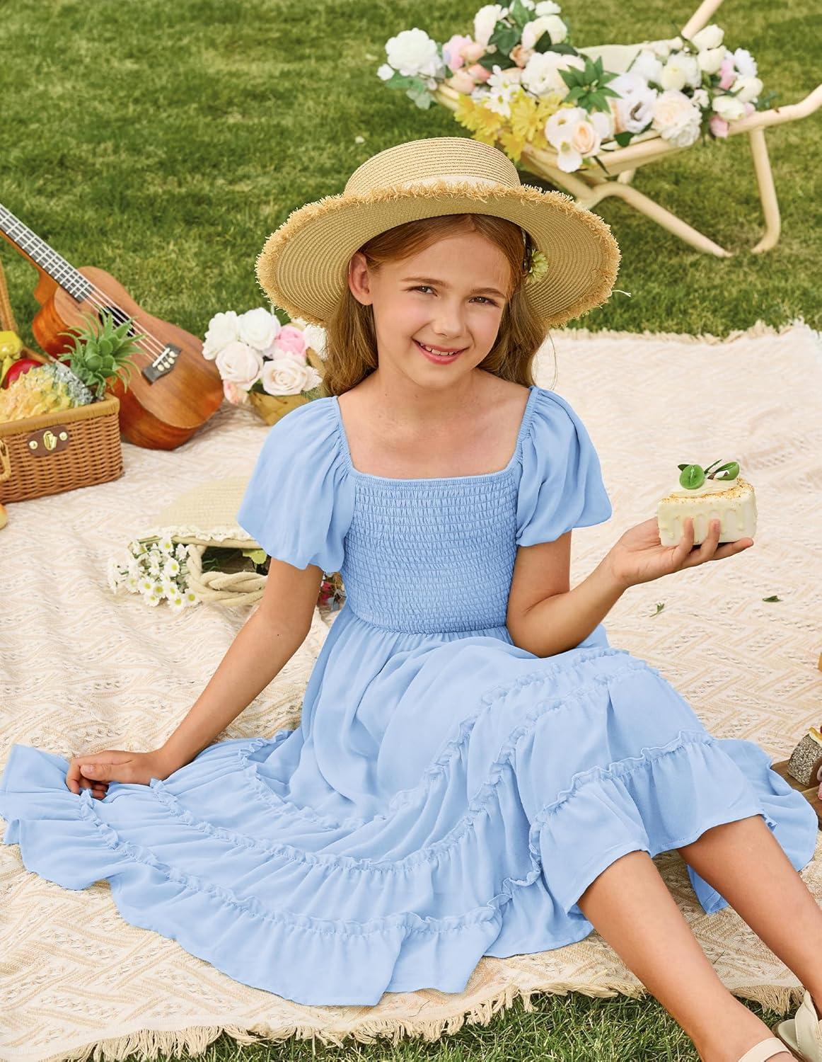 imageGRACE KARIN Girls Short Sleeve Smocked Summer Ruffle Dresses 714Y Teen Square Neck Casual Party Midii Maxi DressLight Blue
