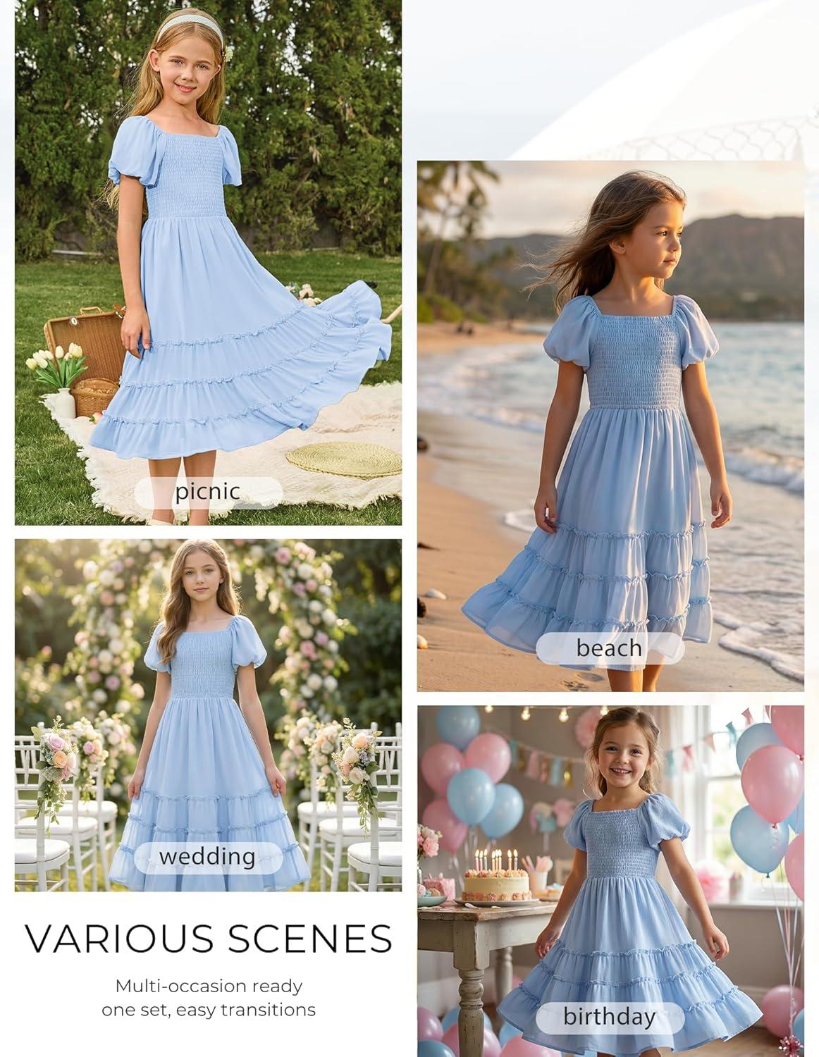 imageGRACE KARIN Girls Short Sleeve Smocked Summer Ruffle Dresses 714Y Teen Square Neck Casual Party Midii Maxi DressLight Blue