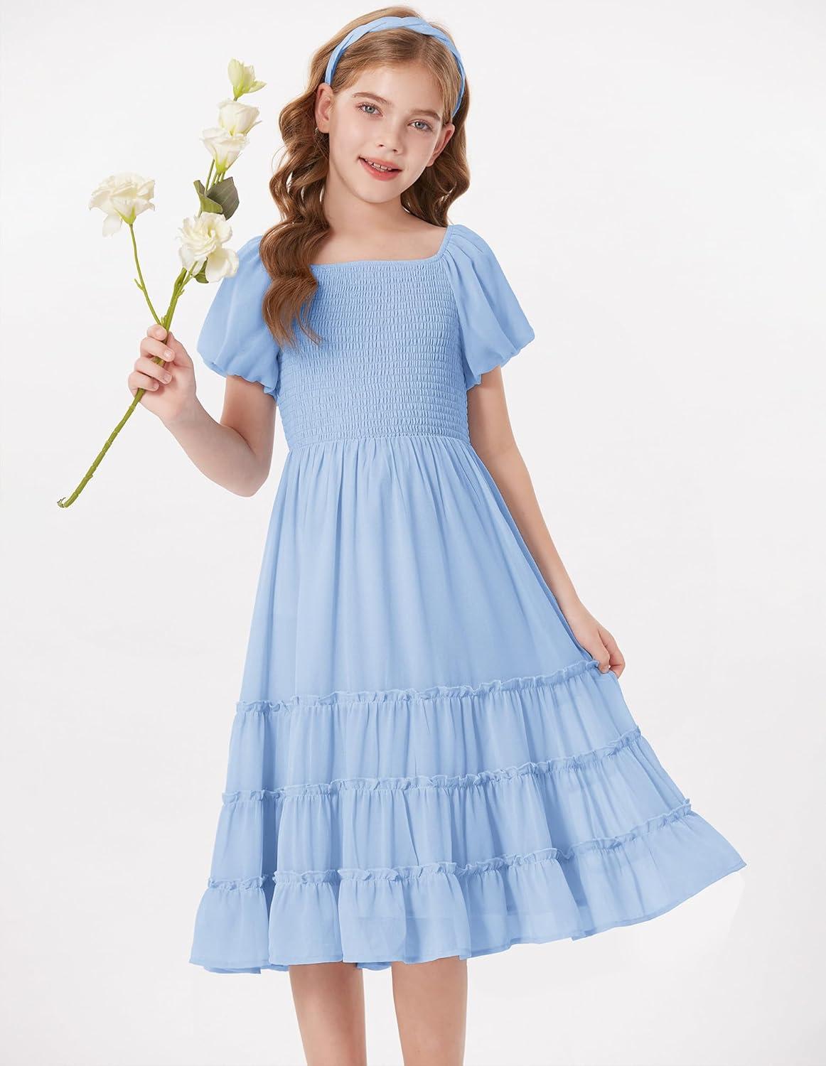 imageGRACE KARIN Girls Short Sleeve Smocked Summer Ruffle Dresses 714Y Teen Square Neck Casual Party Midii Maxi DressLight Blue