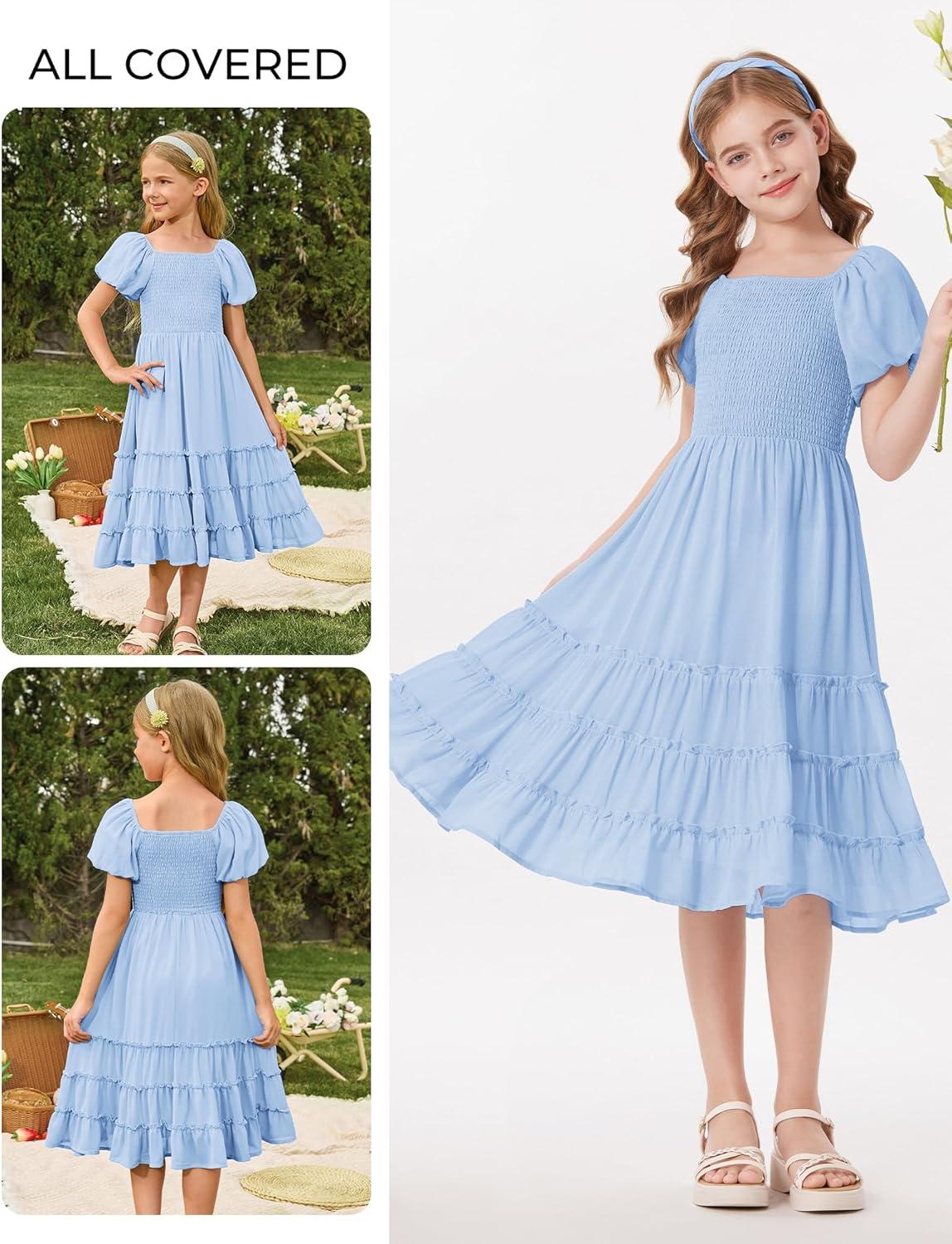 imageGRACE KARIN Girls Short Sleeve Smocked Summer Ruffle Dresses 714Y Teen Square Neck Casual Party Midii Maxi DressLight Blue