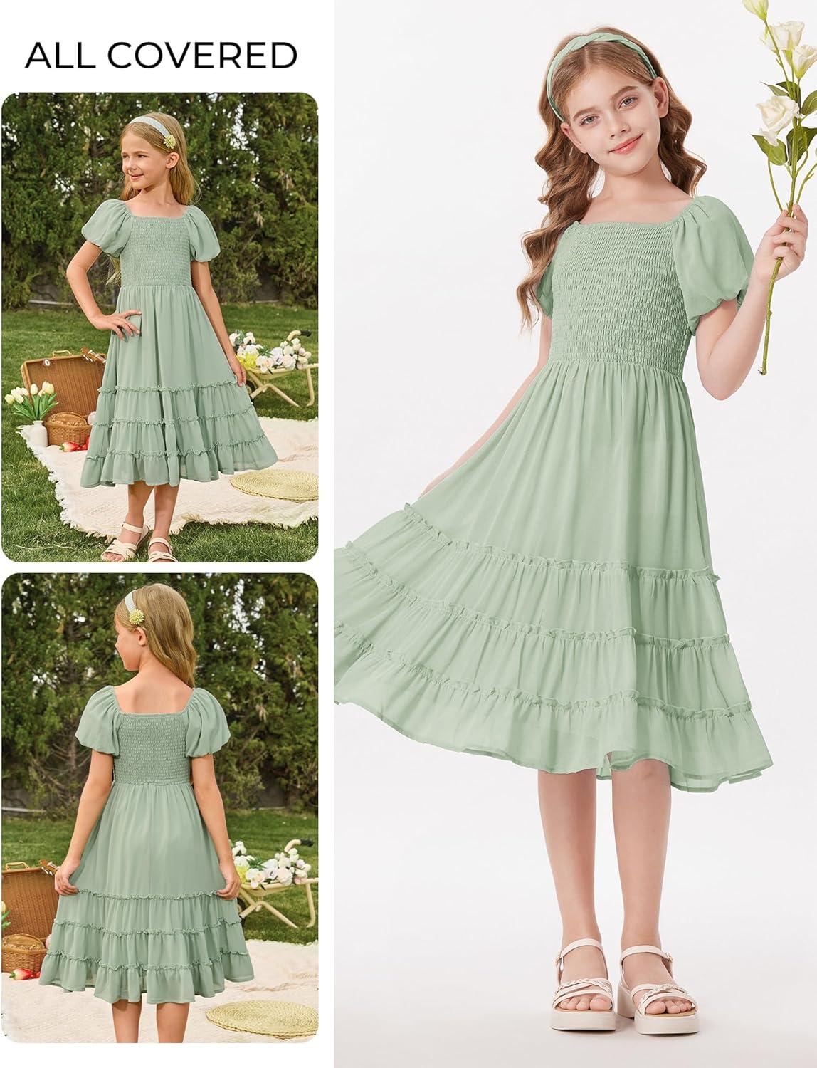 imageGRACE KARIN Girls Short Sleeve Smocked Summer Ruffle Dresses 714Y Teen Square Neck Casual Party Midii Maxi DressLight Green