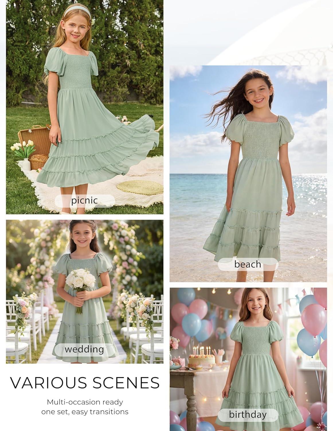 imageGRACE KARIN Girls Short Sleeve Smocked Summer Ruffle Dresses 714Y Teen Square Neck Casual Party Midii Maxi DressLight Green