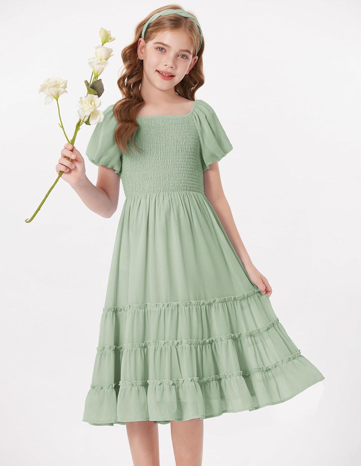 imageGRACE KARIN Girls Short Sleeve Smocked Summer Ruffle Dresses 714Y Teen Square Neck Casual Party Midii Maxi DressLight Green