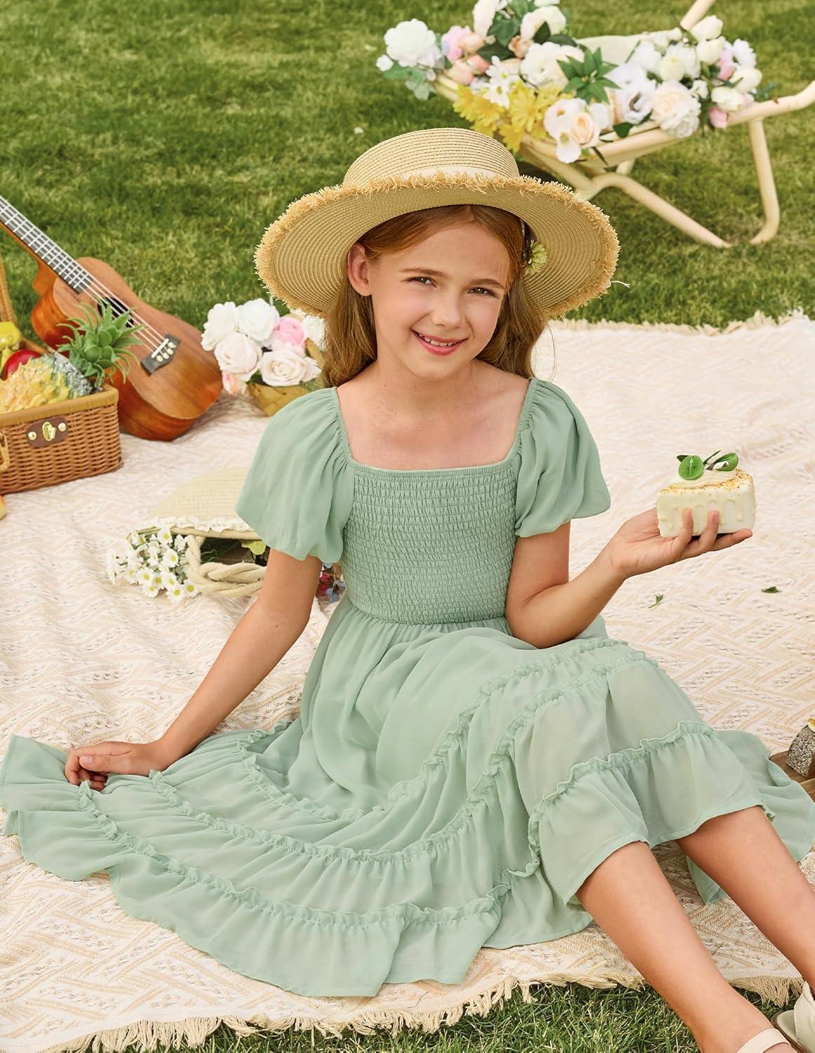 imageGRACE KARIN Girls Short Sleeve Smocked Summer Ruffle Dresses 714Y Teen Square Neck Casual Party Midii Maxi DressLight Green