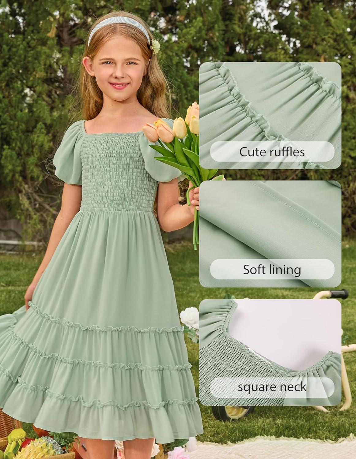 imageGRACE KARIN Girls Short Sleeve Smocked Summer Ruffle Dresses 714Y Teen Square Neck Casual Party Midii Maxi DressLight Green