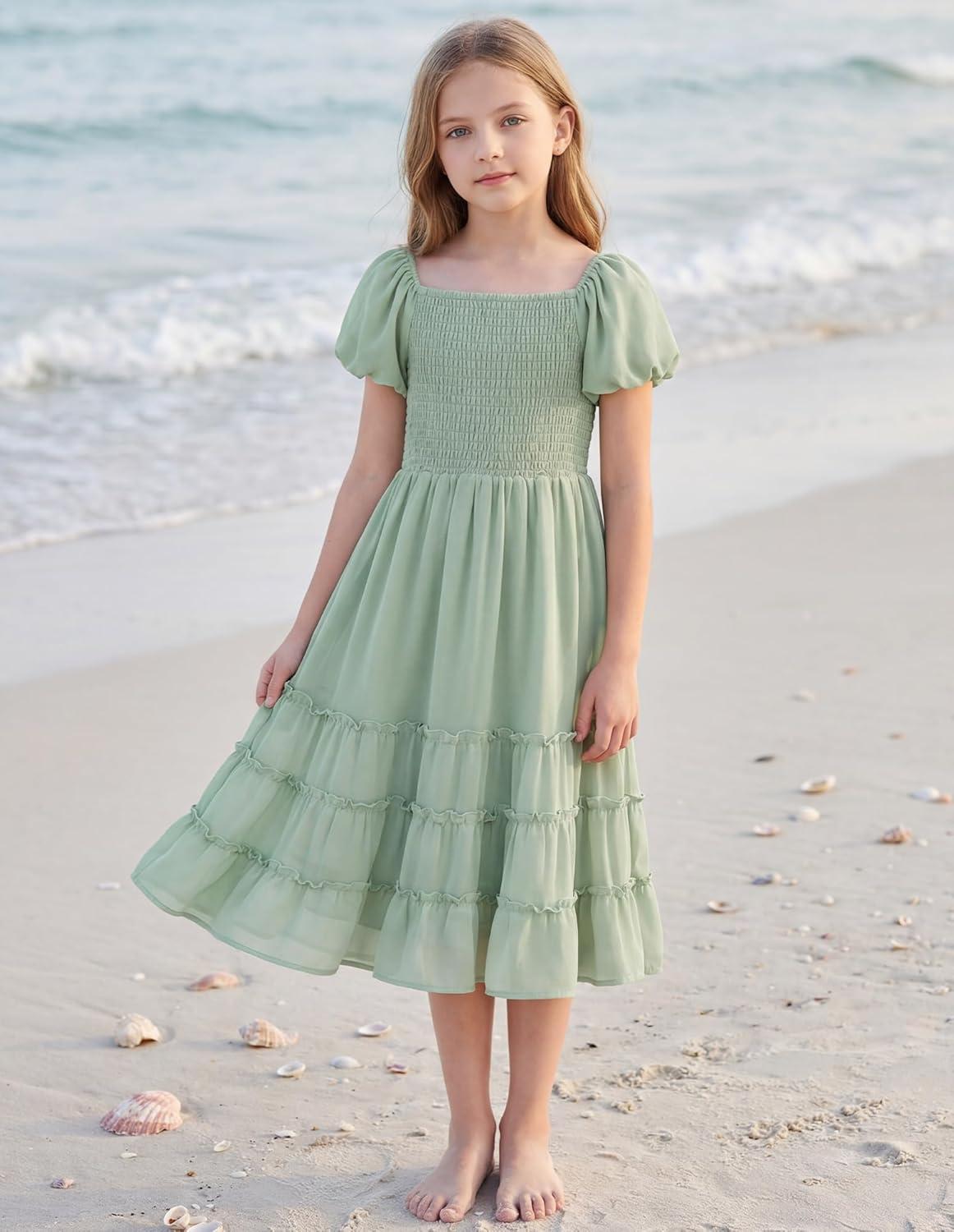imageGRACE KARIN Girls Short Sleeve Smocked Summer Ruffle Dresses 714Y Teen Square Neck Casual Party Midii Maxi DressLight Green