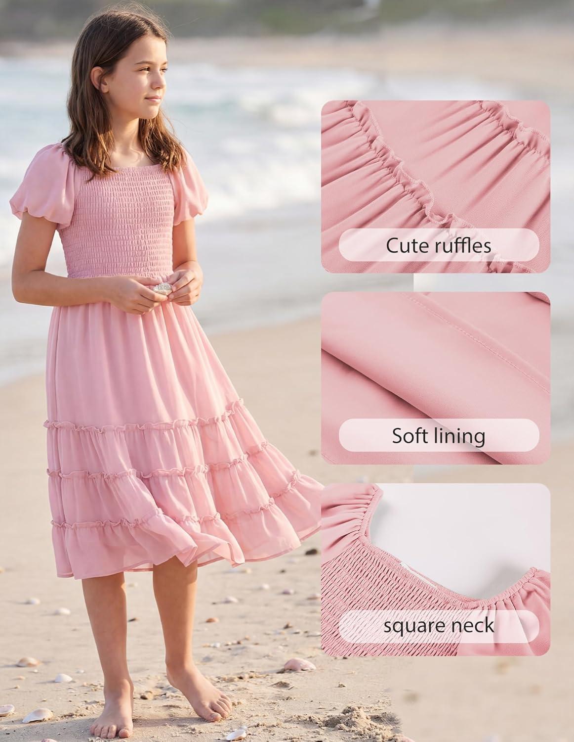 imageGRACE KARIN Girls Short Sleeve Smocked Summer Ruffle Dresses 714Y Teen Square Neck Casual Party Midii Maxi DressLight Pink