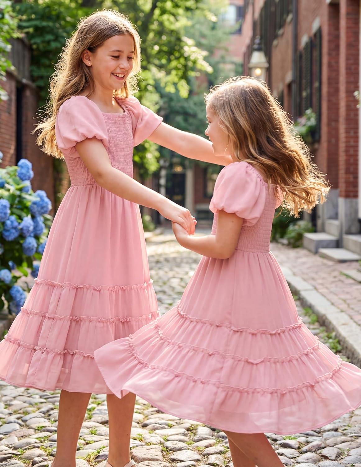imageGRACE KARIN Girls Short Sleeve Smocked Summer Ruffle Dresses 714Y Teen Square Neck Casual Party Midii Maxi DressLight Pink