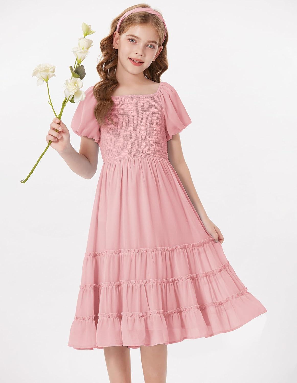imageGRACE KARIN Girls Short Sleeve Smocked Summer Ruffle Dresses 714Y Teen Square Neck Casual Party Midii Maxi DressLight Pink