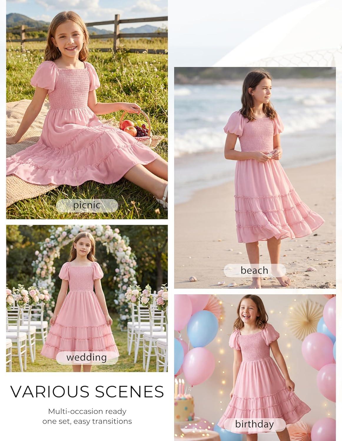 imageGRACE KARIN Girls Short Sleeve Smocked Summer Ruffle Dresses 714Y Teen Square Neck Casual Party Midii Maxi DressLight Pink