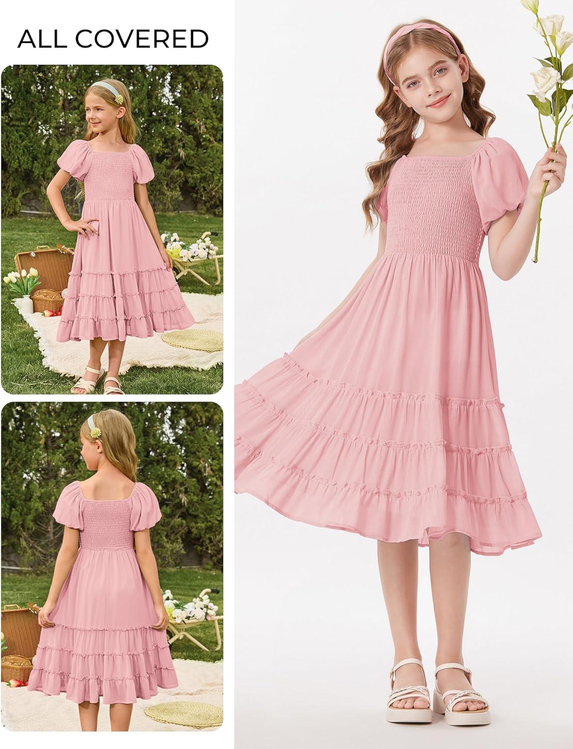 imageGRACE KARIN Girls Short Sleeve Smocked Summer Ruffle Dresses 714Y Teen Square Neck Casual Party Midii Maxi DressLight Pink