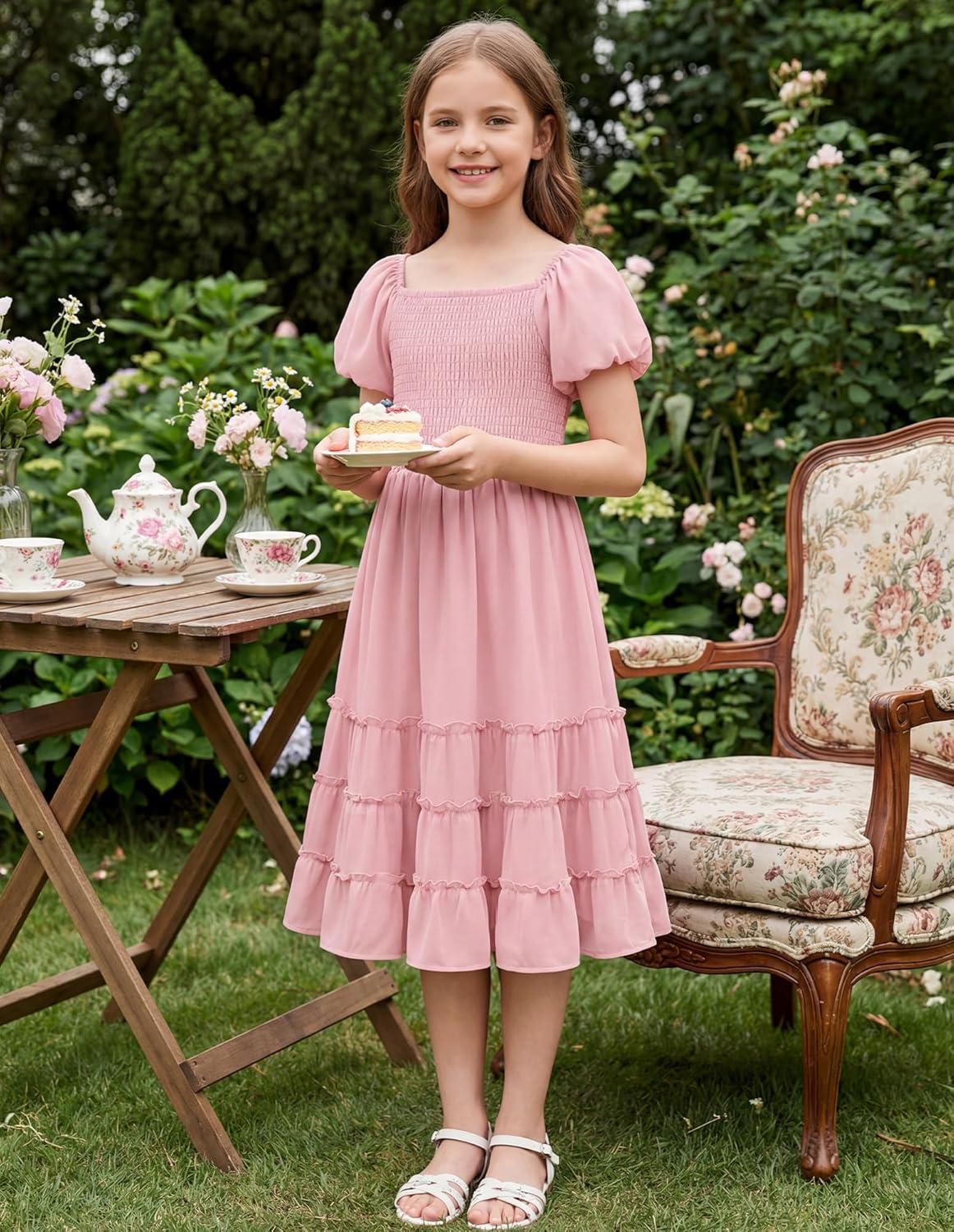 imageGRACE KARIN Girls Short Sleeve Smocked Summer Ruffle Dresses 714Y Teen Square Neck Casual Party Midii Maxi DressLight Pink