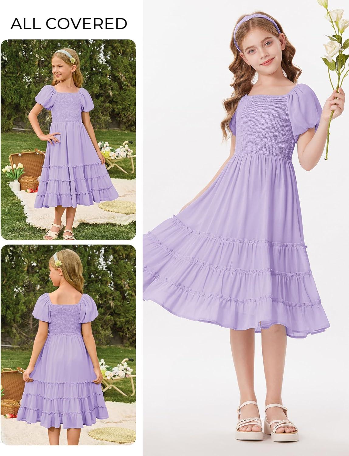 imageGRACE KARIN Girls Short Sleeve Smocked Summer Ruffle Dresses 714Y Teen Square Neck Casual Party Midii Maxi DressPurple